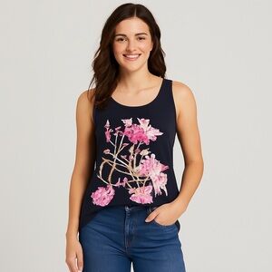 Anthropologie Floral Sleeveless Blouse Top Navy Blue Pink XSmall XS